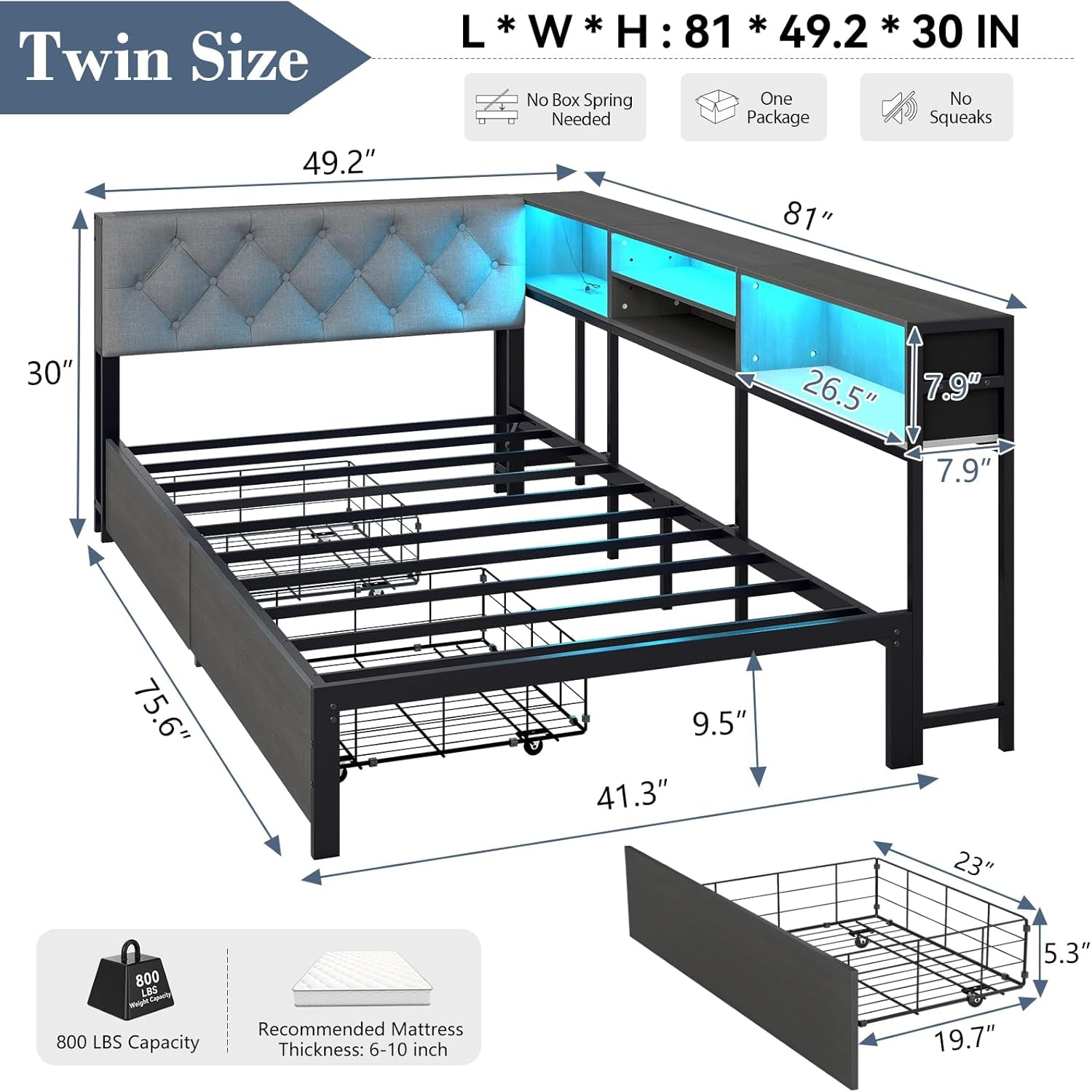 Corner Bed Frame with Storage Bookcase and LED Lights Twin Platform Bed Frame with Upholstered Headboard and Charging Station, Twin Daybed with 2 Storage Drawers, Dark Gray