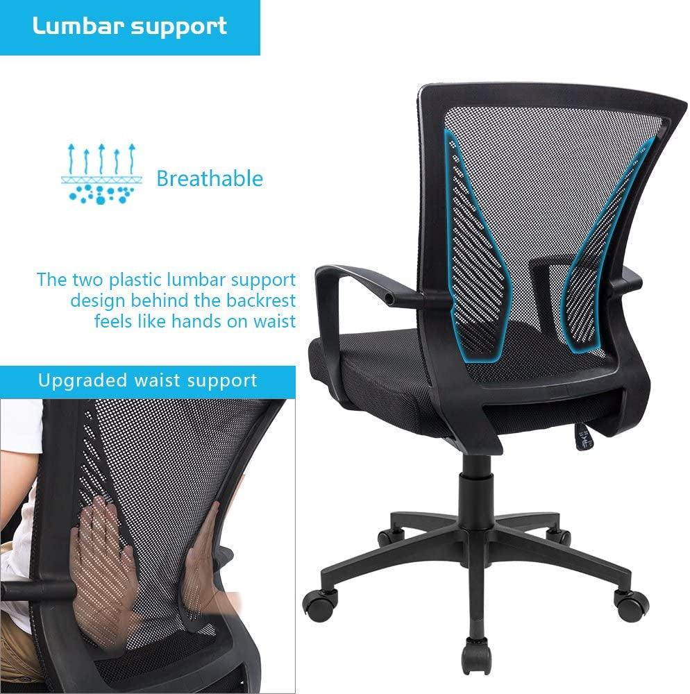 Office Chair Ergonomic Computer Desk Mesh Chair Mid Back Swivel Lumbar Support with Armrest (1, Black)