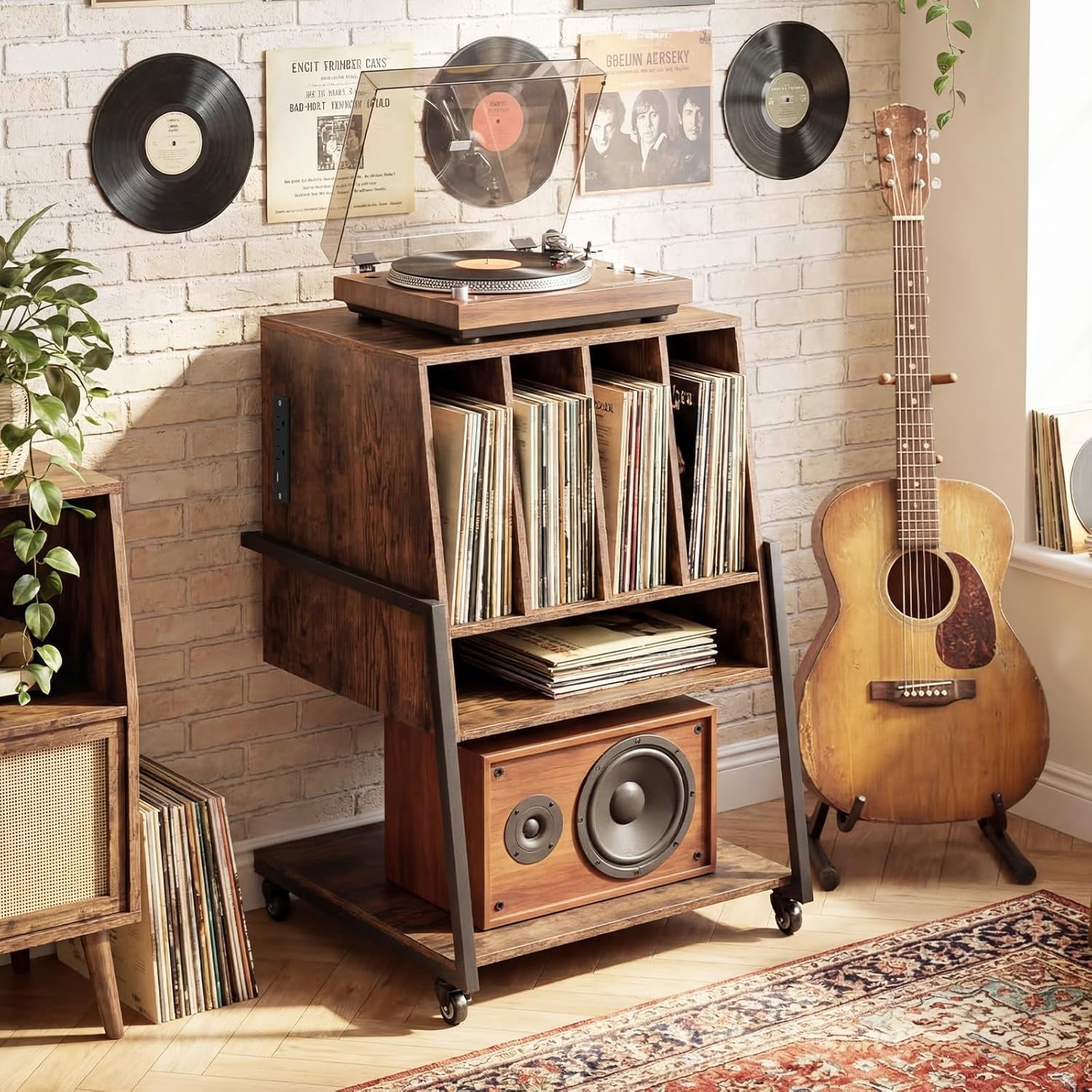 Record Player Stand on Wheels, 3-Tier Turntable Stand with Charging Station, Compartment & Open Shelf, Holds up to 150 Vinyl Records, Modern Vinyl Record Storage for Small Spaces, Rustic Brown