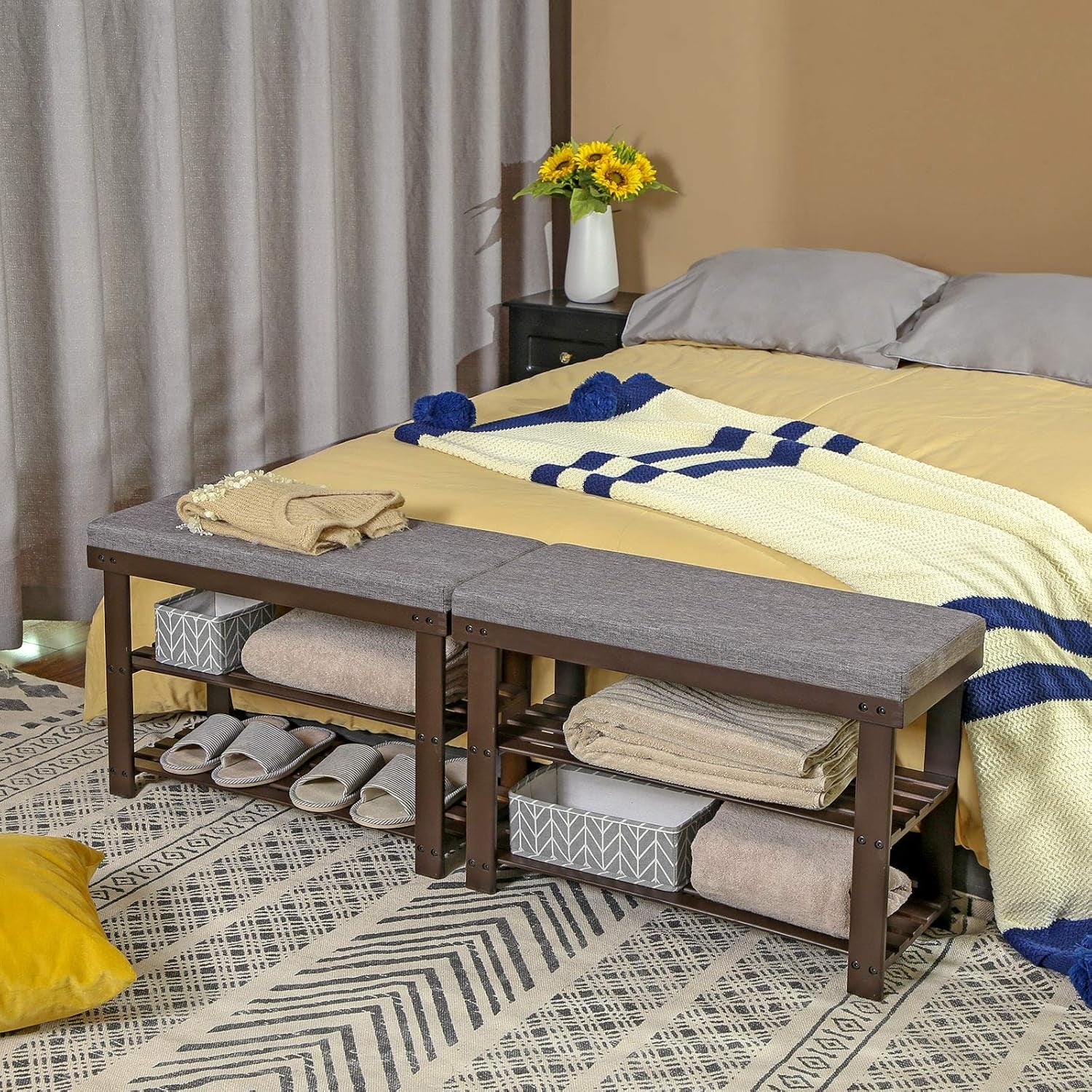 Bamboo Shoe Bench, 3-Tier Shoe Rack Organizer for Entryway, Living Room, Bench Seat Holds up to 300 Lb, 11.9 X 28.3 X 19.2 Inches, Rustic Walnut and Slate Gray ULBS604CG