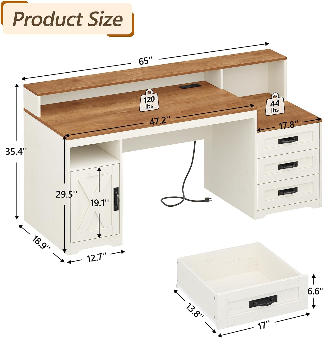 Farmhouse Computer Desk with Drawers, 65'' Home Office Desk with Power Outlets, Storage Cabinet and Printer Stand, Study Writing Desks with Long Monitor Stand, Brown and White