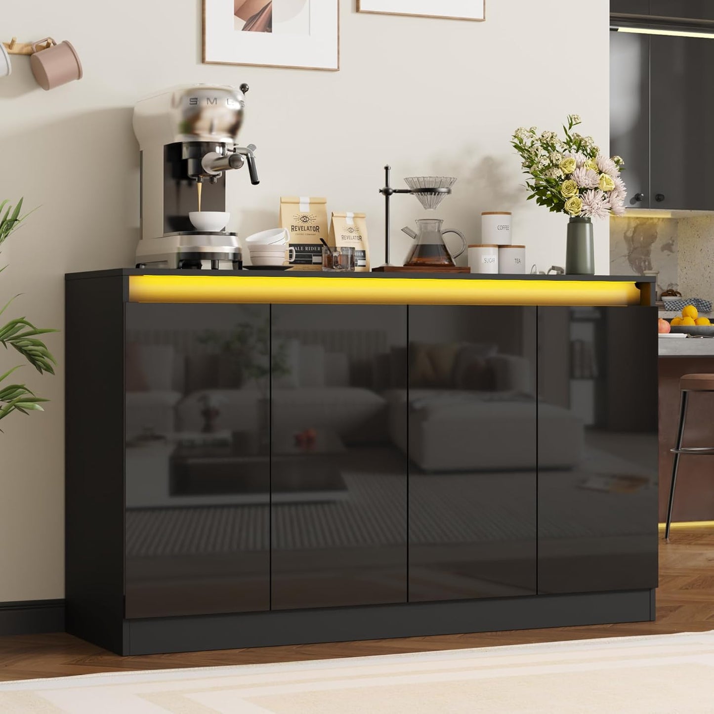 51" W Buffet Cabinet with 4 Doors, High Gloss Sideboard Coffee Bar with LED Lights & Charging Station, Handless Modern Sideboard Storage Cabinet for Living Room, Entryway, Black