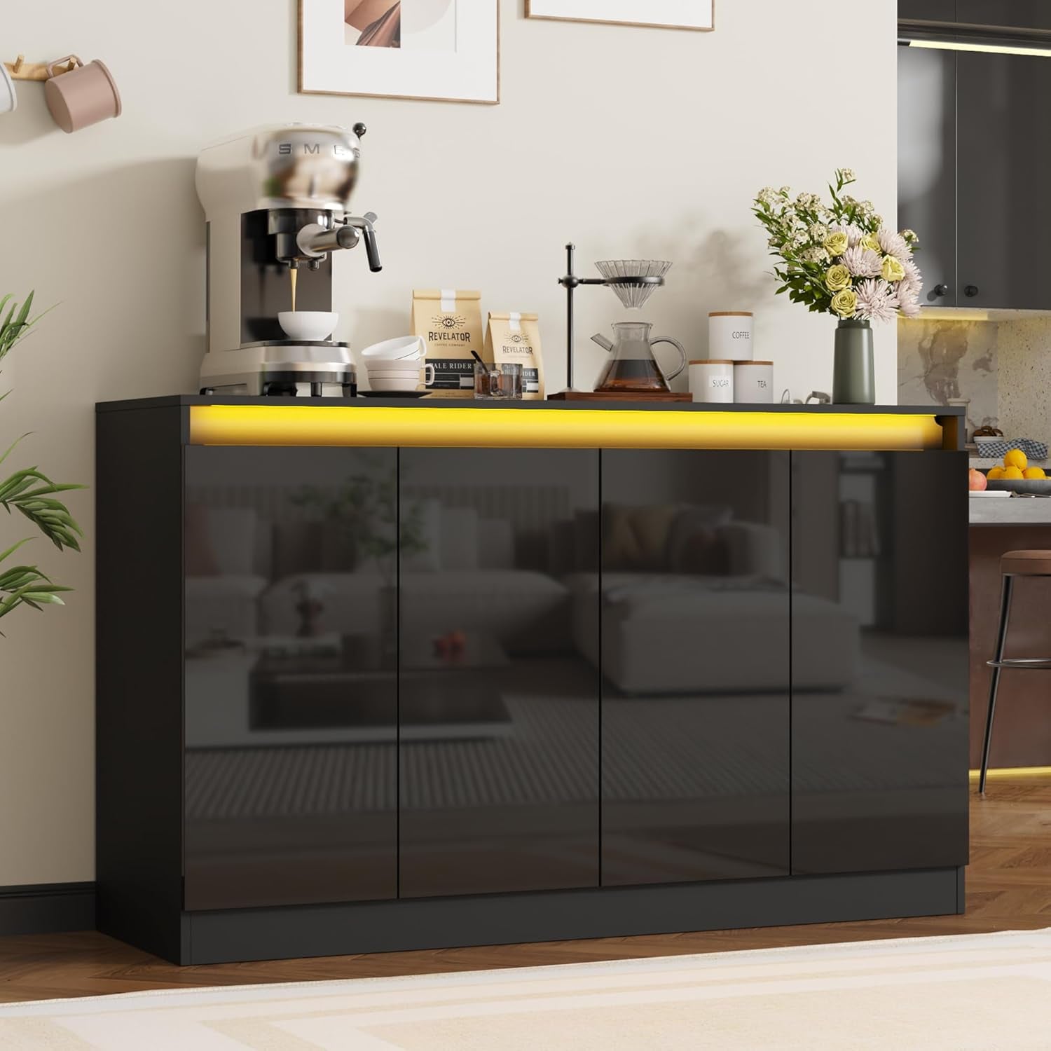 51" W Buffet Cabinet with 4 Doors, High Gloss Sideboard Coffee Bar with LED Lights & Charging Station, Handless Modern Sideboard Storage Cabinet for Living Room, Entryway, Black
