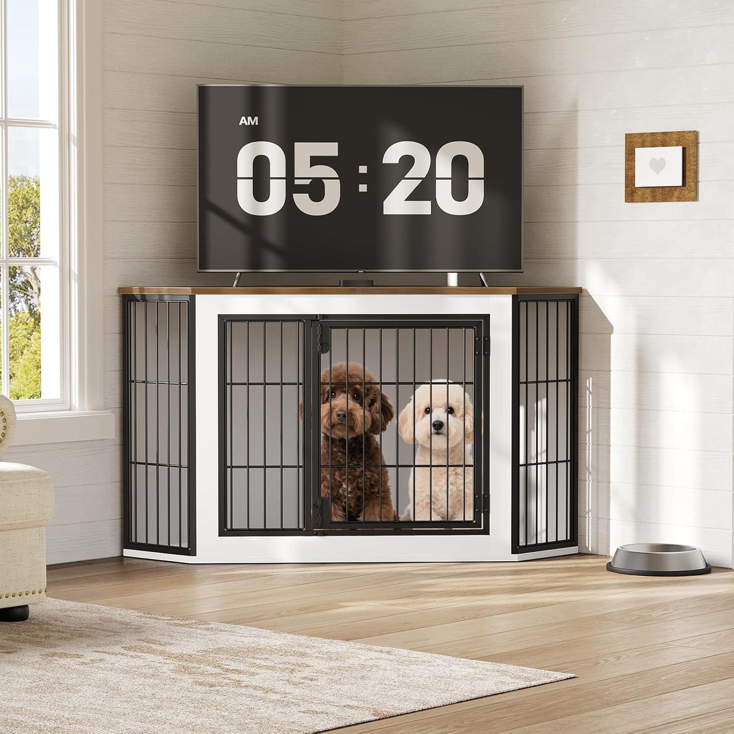 Corner Dog Crate Furniture, Decorative Dog Kennel End Table, Farmhouse Dog Crate TV Stand for Small and Medium Dogs, Walnut, White and Black BWH90GW03