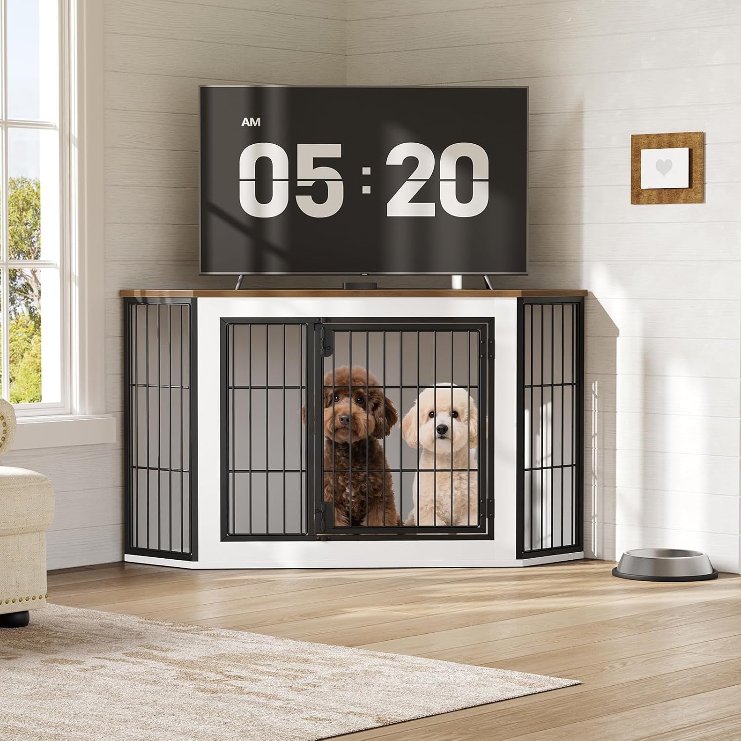 Corner Dog Crate Furniture, Decorative Dog Kennel End Table, Farmhouse Dog Crate TV Stand for Small and Medium Dogs, Walnut, White and Black BWH90GW03