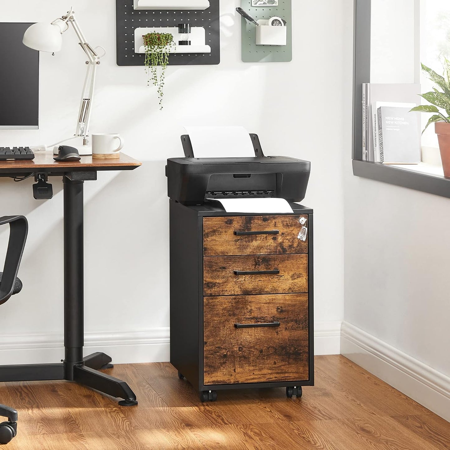 File Cabinet, Pre-Assembled except Wheels and Handles, Office Filing Cabinet with Lock, for A4, Legal, Letter Sized Documents, 17.7 X 14.4 X 23.6 Inches, Rustic Brown and Black UOFC110B01V1