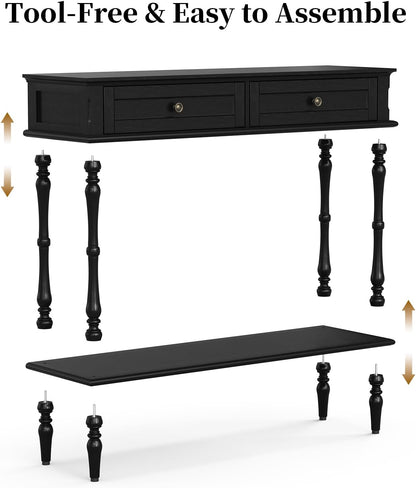 Console Table for Entryway with 2 Drawers-Minimal Assembly,Green Retro Entryway Table with Storage Cabinets and Open Shelf,Narrow Long Couch Table behind Sofa for Living Room,Foyer,Hallway