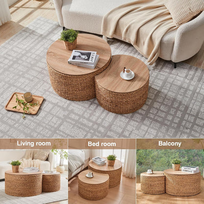 Round Nesting Coffee Table Set of 2 with Storage - Handwoven Wicker Rattan Ottoman Style, Boho Coastal Coffee Tables for Living Room, Rattan Coffee Table with Cover & Soild Wood Frame