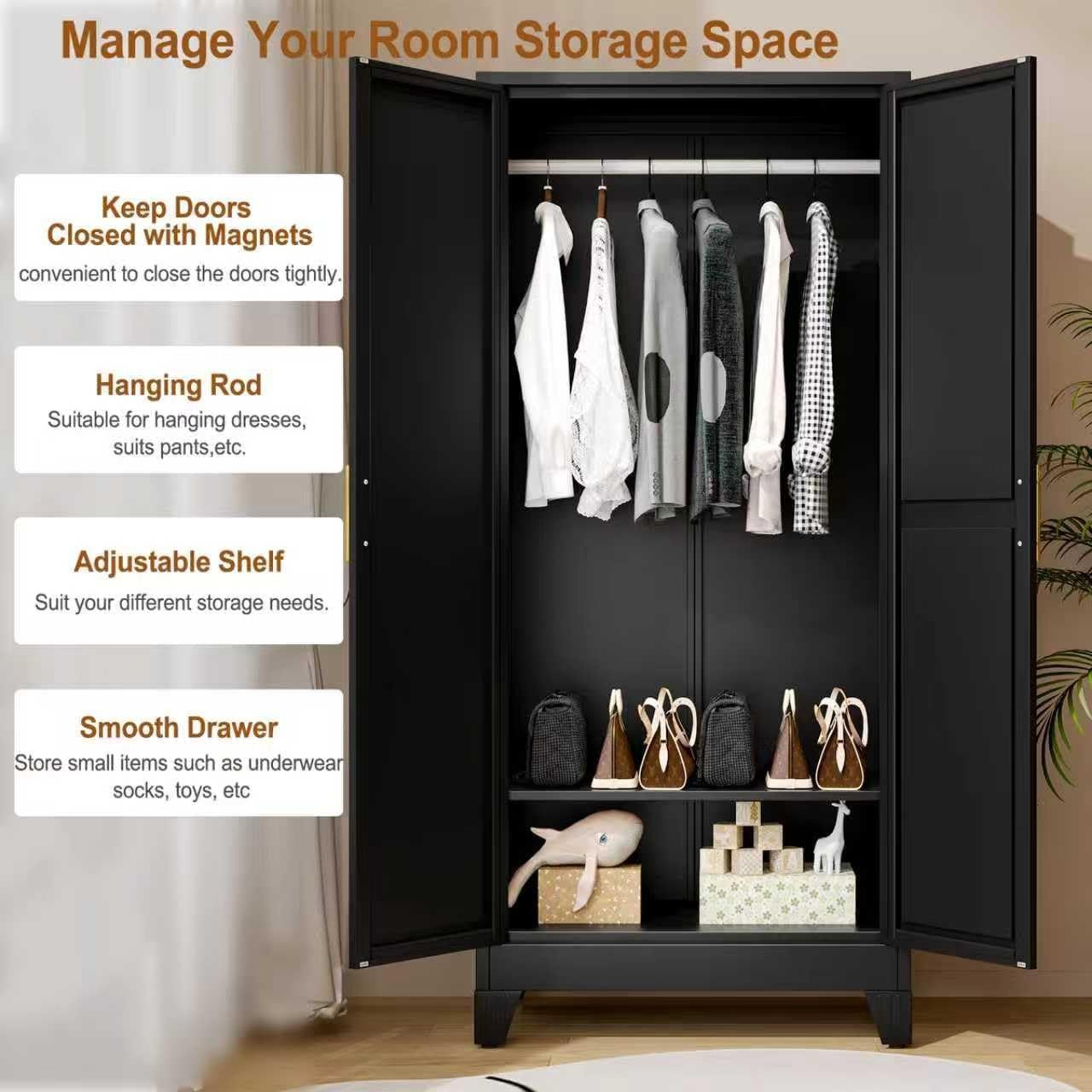 Metal Armoire Wardrobe Closet Storage Cabinet with Mirror Black, 71'' Wardrobe Cabinet with Hanging Rod Metal Closet with 2 Adjustable Shelves for Bedroom, Laundry Room, Cloak Room
