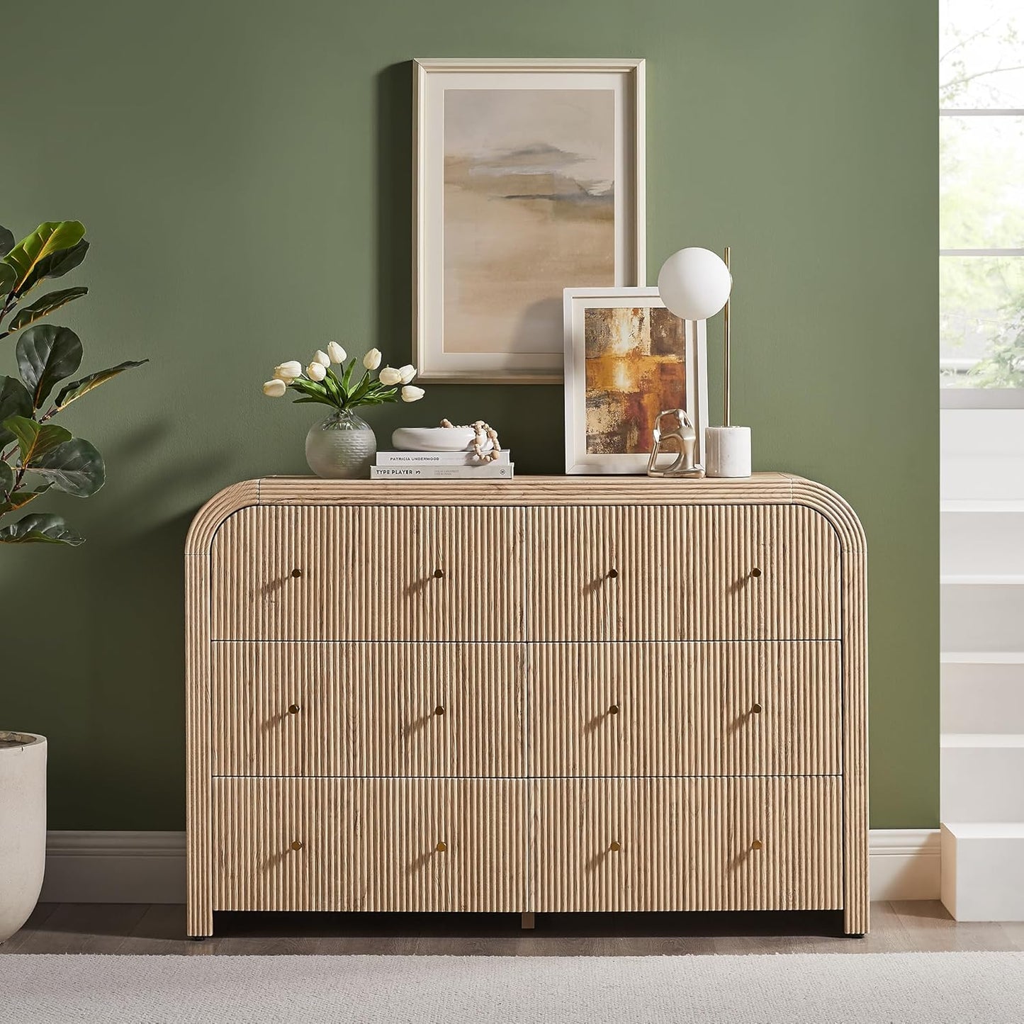Fluted 6 Drawers Dresser for Bedroom, 54" Wide Modern Chest of Drawers with Thickened Curved Profile Design, Wood Dressers TV Stand for Bedroom, Living Room, Hallway, Natural Oak
