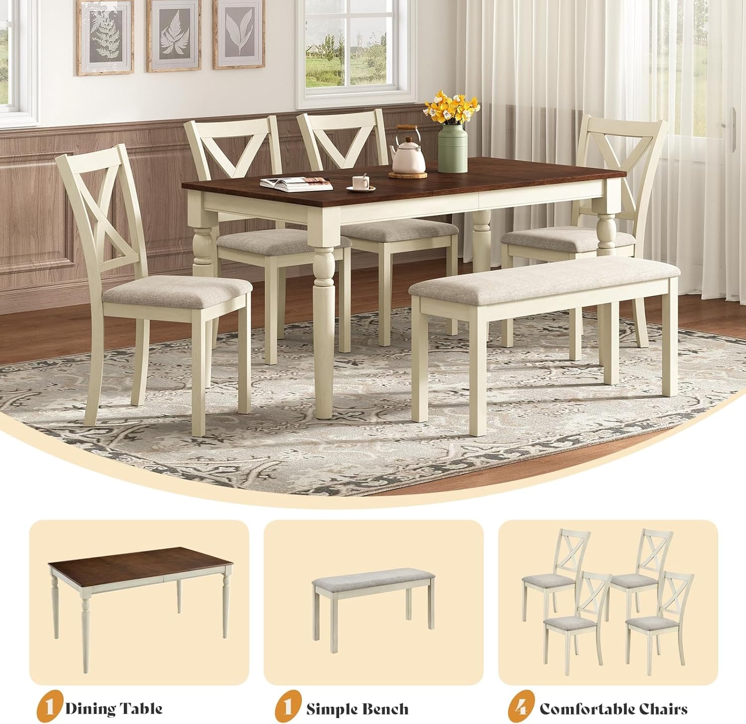 6-Piece Farmhouse Dining Table Set, 60” Solid Wood Table, 4 Upholstered Chairs and Bench, Rustic White and Walnut Finish, Seating for 6, for Kitchen or Dining Room