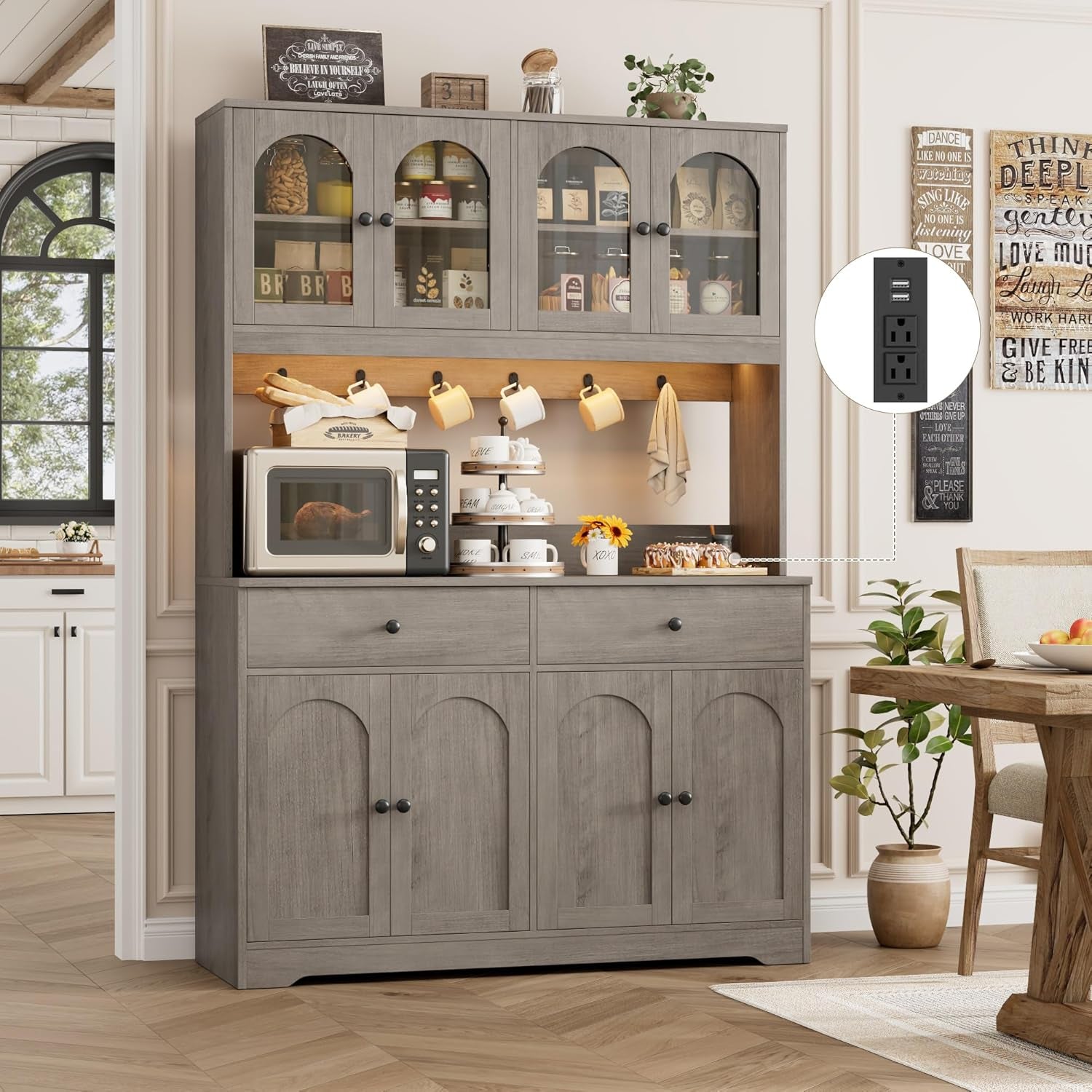 71" LED Kitchen Pantry Cabinet with Power Outlet, Large Kitchen Hutch Storage Cabinet with Arched Door, Shelves, 2 Drawer, Tall Farmhouse Coffee Bar W/Hutch for Home Dining Living Room, Ash Grey