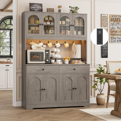 71" LED Kitchen Pantry Cabinet with Power Outlet, Large Kitchen Hutch Storage Cabinet with Arched Door, Shelves, 2 Drawer, Tall Farmhouse Coffee Bar W/Hutch for Home Dining Living Room, Ash Grey