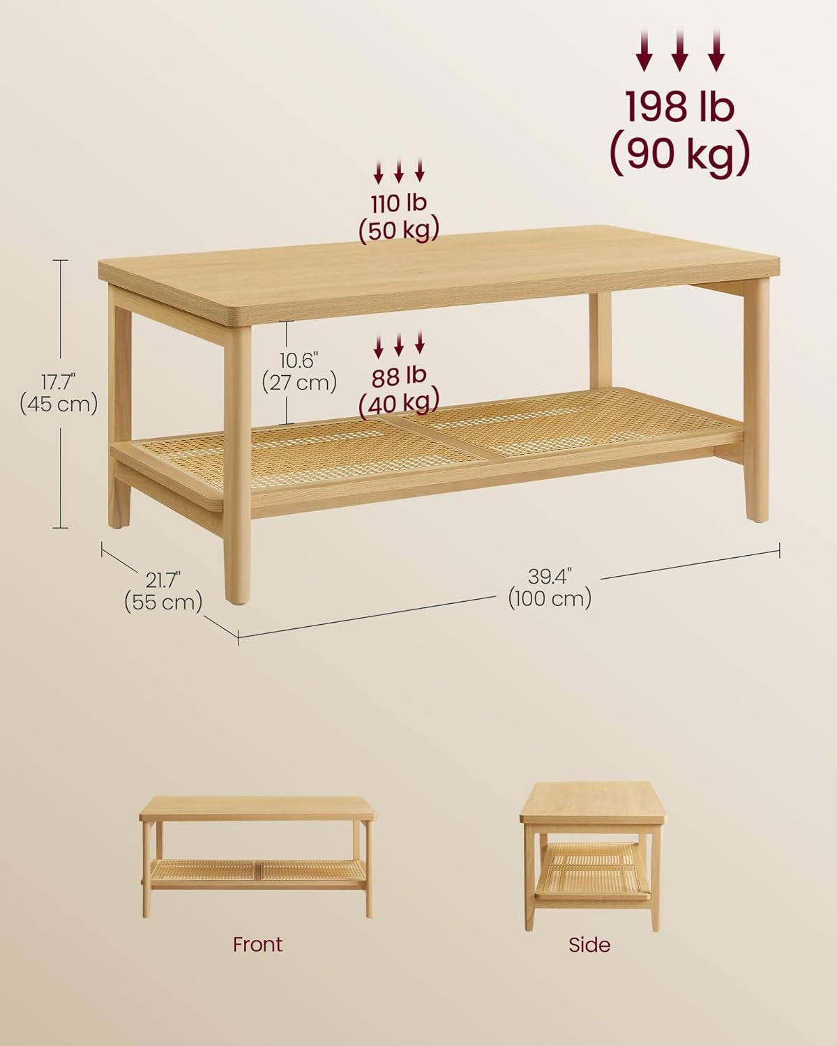 2-Tier Coffee Table for Living Room, Rectangular Living Room Table, with PVC Rattan Storage Shelf, Rounded Corners, Easy Assembly, Boho Style, 21.7 X 39.4 X 17.7 Inches, Oak Beige ULCT240Y57