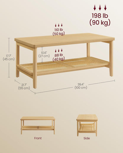 2-Tier Coffee Table for Living Room, Rectangular Living Room Table, with PVC Rattan Storage Shelf, Rounded Corners, Easy Assembly, Boho Style, 21.7 X 39.4 X 17.7 Inches, Oak Beige ULCT240Y57