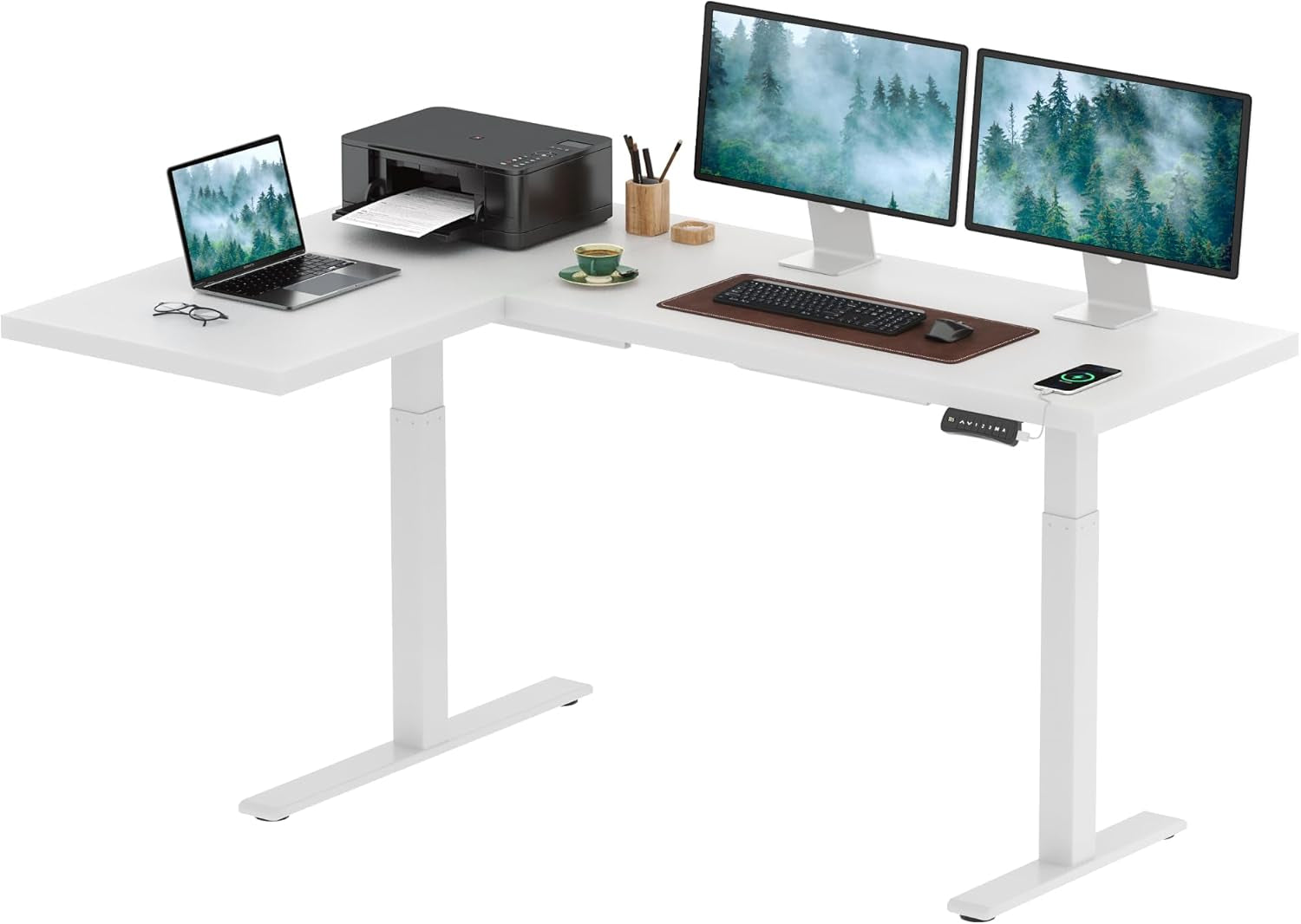 71-Inch Large Dual Motor L-Shaped Electric Height Adjustable Standing Desk - Reversible Panel - White Top/White Frame - Ideal for Gaming, Home Office or Computer Workstation