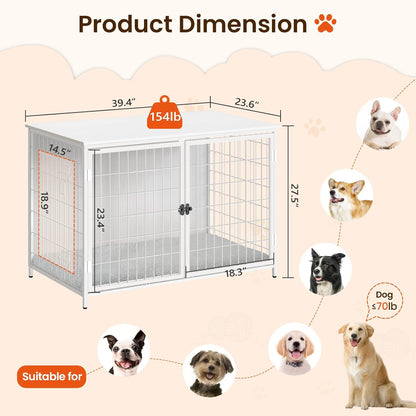 Dog Crate Furniture with Cushion, Wooden Dog Kennel with Double Doors, Heavy Duty Dog Cage for Small/Medium/Large Dogs, Indoor Dog House End Table, 39.4" L, Rustic Brown DCHR10701