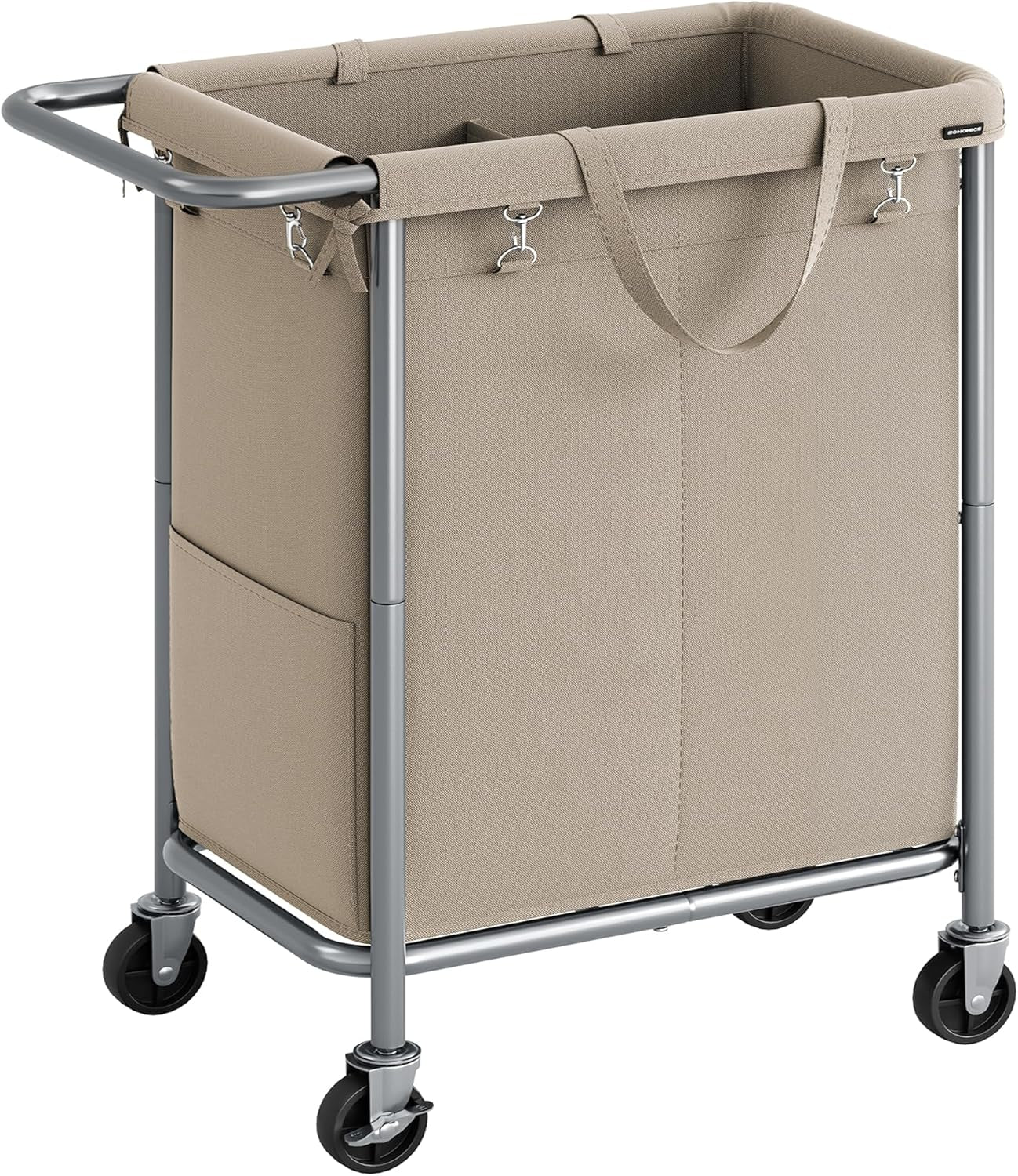 Laundry Basket with Wheels, 2-Section Rolling Laundry Hamper, 37 Gallons (140 L), Removable Liner, Steel Frame with Handle, 27.2 X 15.4 X 31.9 Inches, Camel Brown URLS004N01