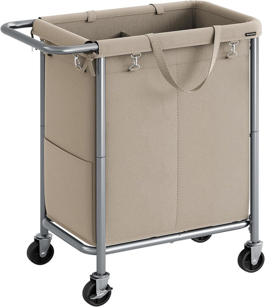 Laundry Basket with Wheels, 2-Section Rolling Laundry Hamper, 37 Gallons (140 L), Removable Liner, Steel Frame with Handle, 27.2 X 15.4 X 31.9 Inches, Camel Brown URLS004N01