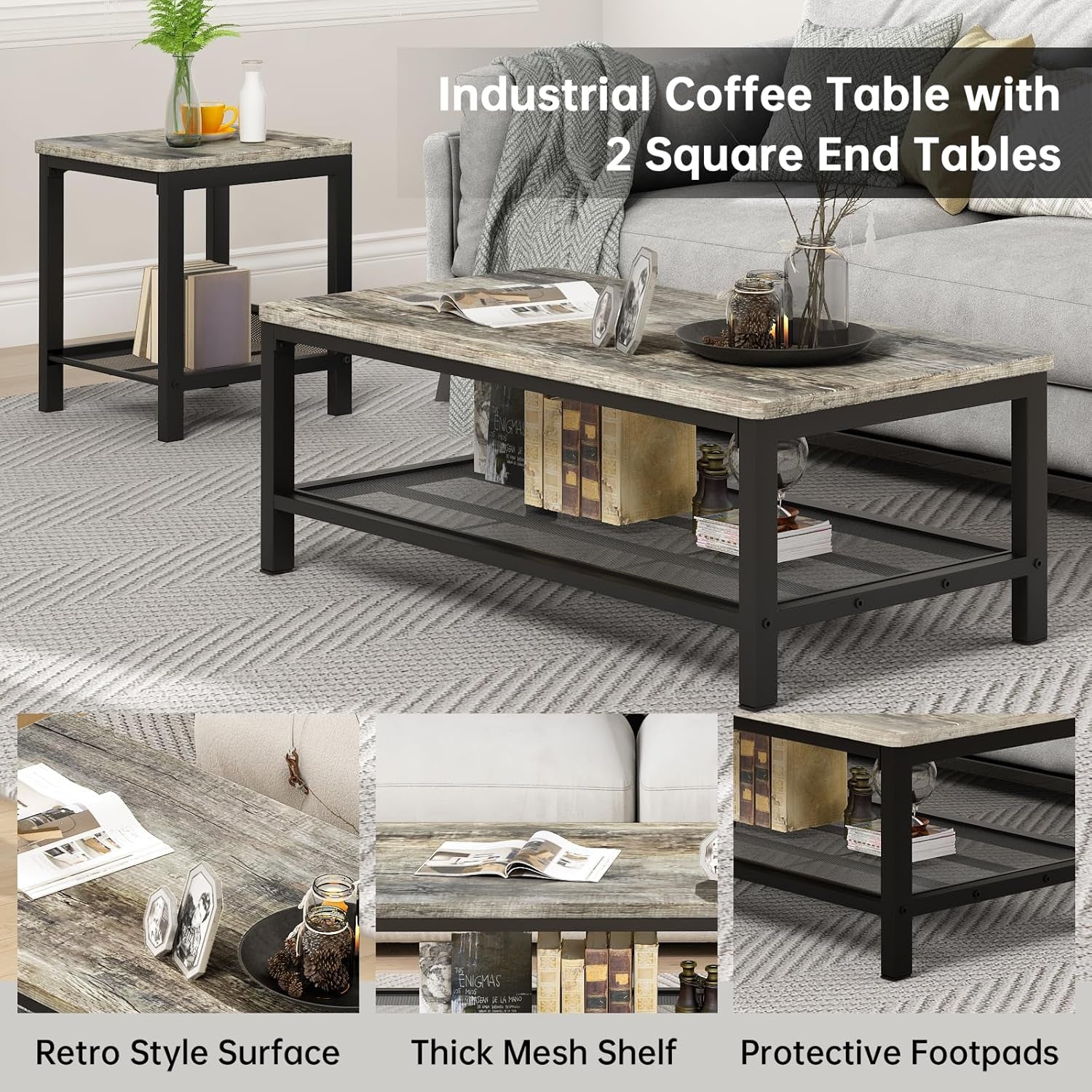 Coffee Table Set of 3, Industrial Coffee Table with 2 Square End Side Tables, Modern Living Room Table Set with Metal Frame for Apartment Home Office, Grey