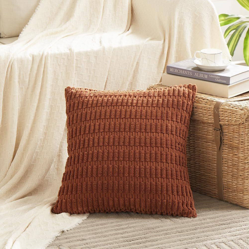 2 Packs Rust Decorative Throw Pillow Covers 18X18 Inch for Living Room Couch Bed Sofa, Soft Striped Corduroy Square Cushion Case 45X45 Cm, Terracotta Rustic Farmhouse Boho Home Decor