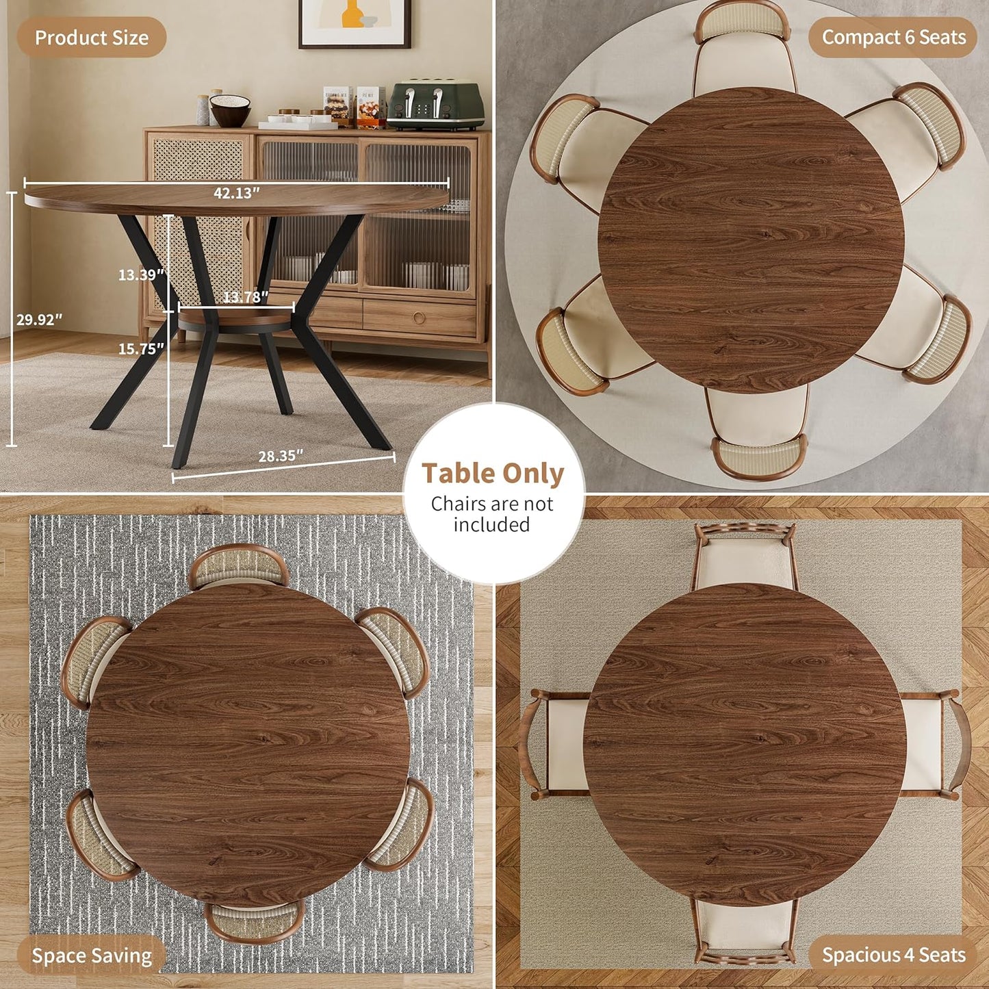42" round Dining Table for 4, Farmhouse Kitchen Table with Storage, Space Saving Circle Dinner Table, Rustic Wood Kitchen & Dining Room Tables with Metal Legs for Kitchen, Living Room, Dining Room