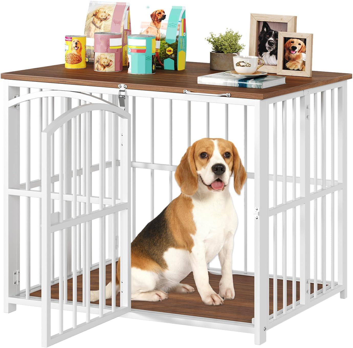 Foldable Dog Crate Furniture, 31.5" Indoor Dog Kennel No Assembly, Wooden Dog Cage Decorative Side End Table, for Medium Small Dogs, White and Walnut WH86GW03