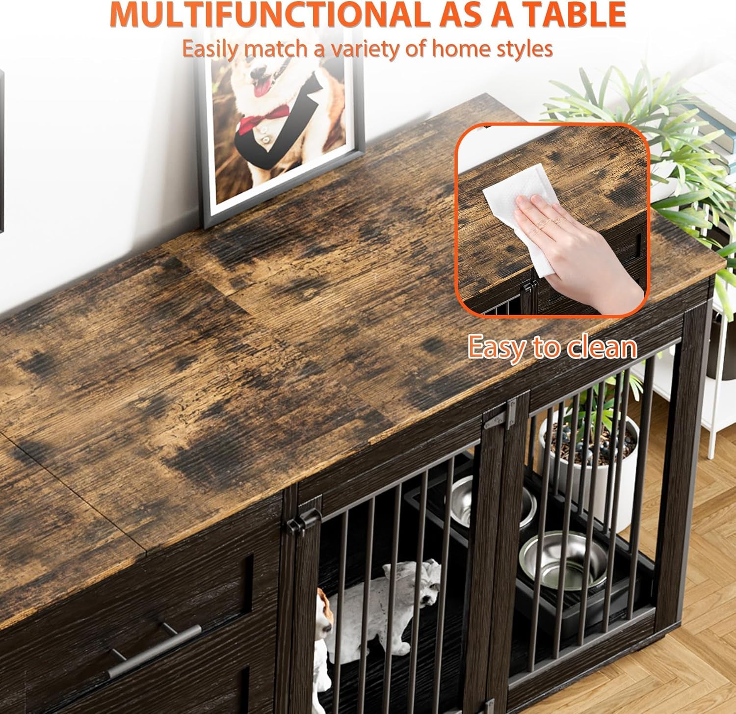 94.5" Dog Crate Furniture for 2 Dogs, Large Dog Kennel Furniture with 3 Storage Drawer, Wooden Dog Cage with 4 Bowls, Indoor Dog House TV Stand with Locks for Large Medium Dog, Black