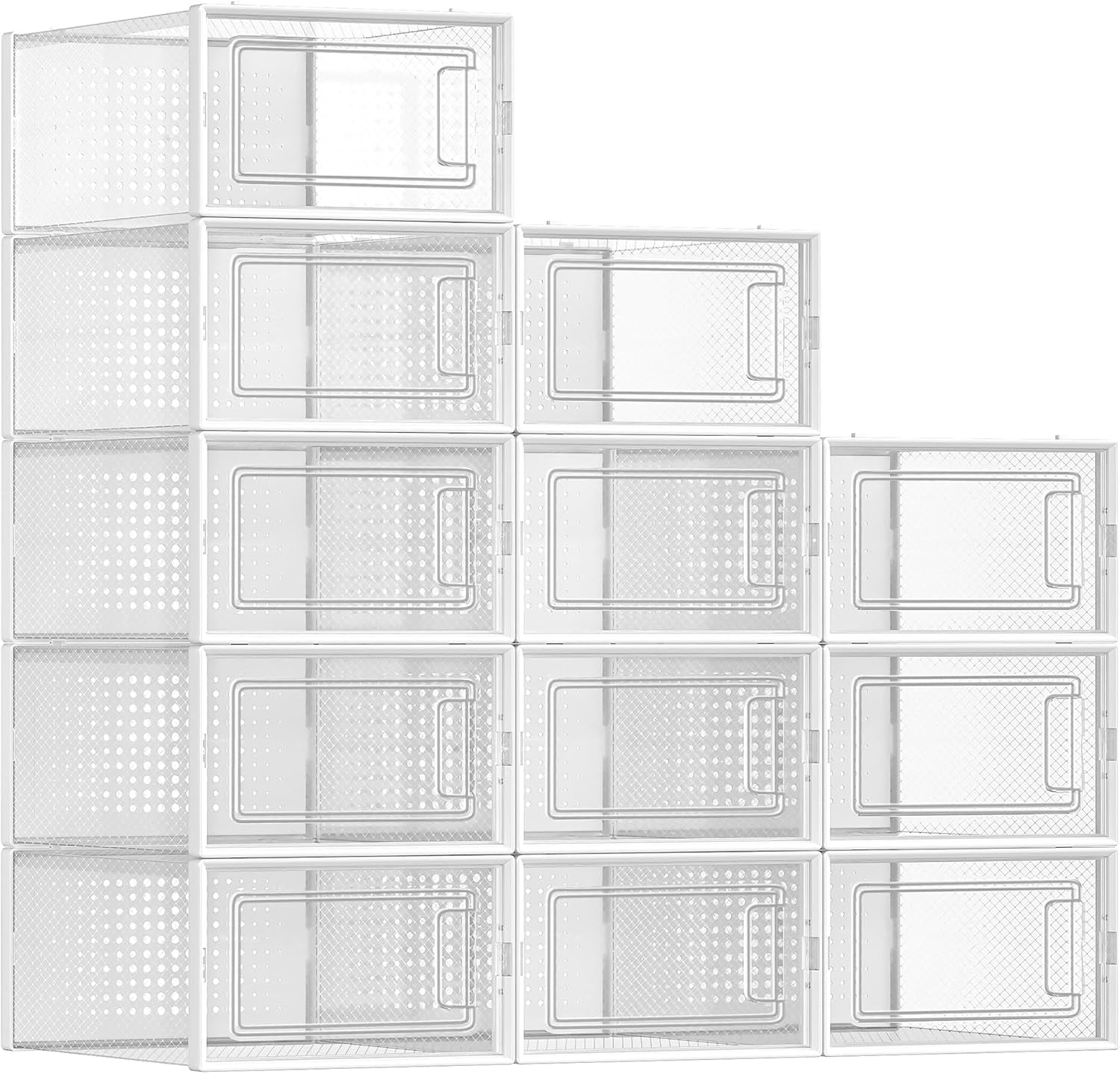 Shoe Boxes, Pack of 12 Shoe Storage Organizers, Stackable Clear Plastic Boxes for Closet, Sneakers, 13.1 X 9.1 X 5.6 Inches, Transparent and White ULSP12SWT
