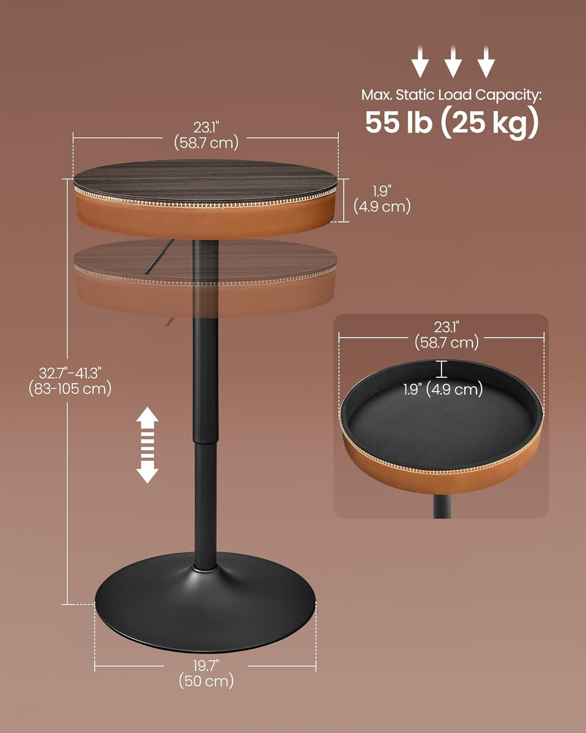 EKHO Collection - Height Adjustable Bar Table, round High Pub Table with Storage, Synthetic Leather with Stitching, Mid-Century Modern, Kitchen Home Bar, Ash Brown and Caramel Brown