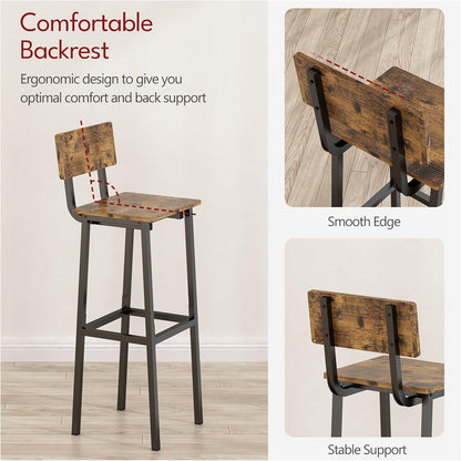Set of 2 Bar Stools, Tall Bar Stool with Backrest and Footrest, Tall Bar Chairs, Industrial Style Counter Height Bar Stool for Dining Room, Kitchen, Rustic Brown