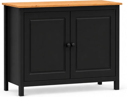 44" Wide Black & Pine Top Solid Pine Shaker Sideboard Buffet Cabinet — 2 Doors Adjustable Shef — No Drawer · Anti-Tip Included — Two-Tone Modern Finish