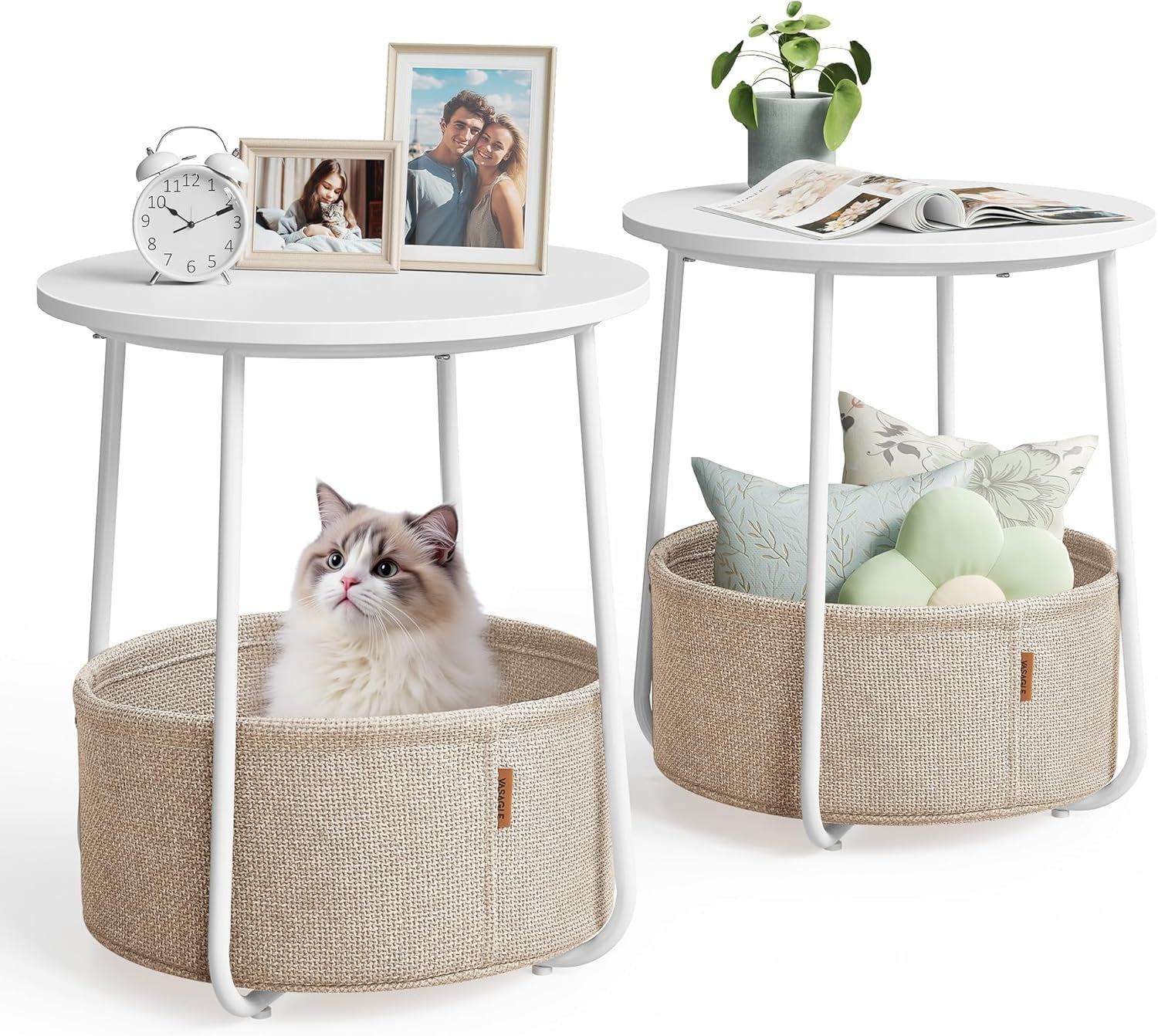 Nightstands, Set of 2 Small round Side Tables with Fabric Basket, Bedside End Tables, for Bedroom, Matte White and Camel Brown ULCT665W01