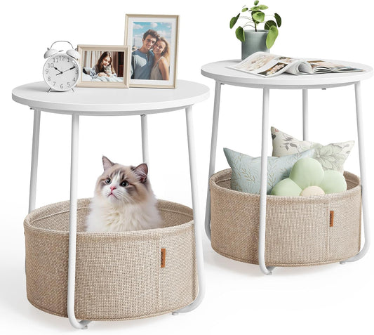 Nightstands, Set of 2 Small round Side Tables with Fabric Basket, Bedside End Tables, for Bedroom, Matte White and Camel Brown ULCT665W01