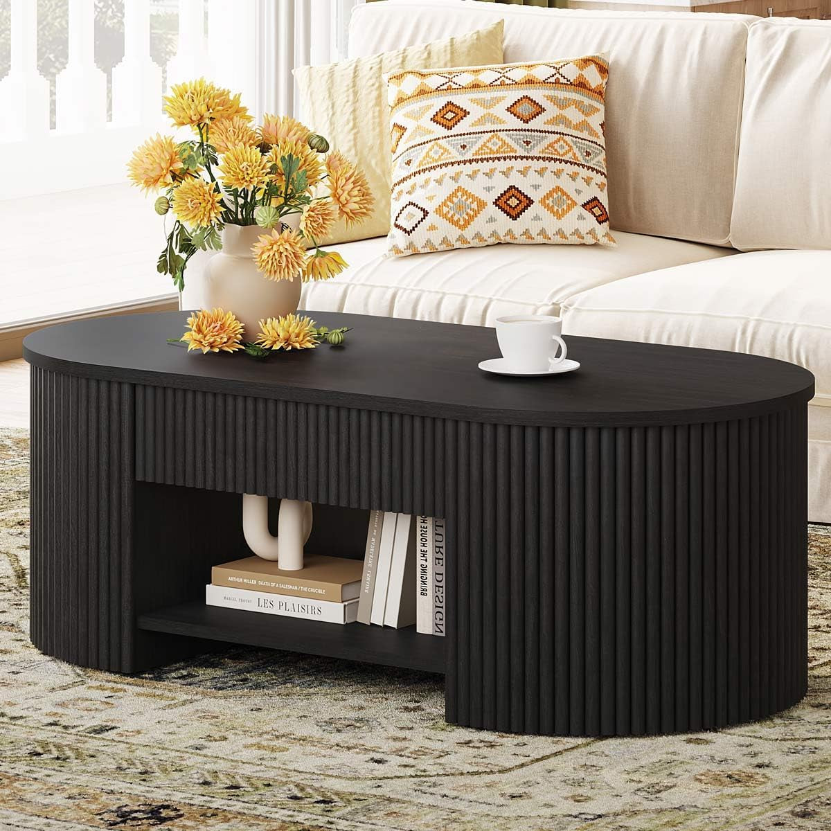 Coffee Table for Living Room Storage, Modern Wood Fluted Center Table with Drawer, Mid-Century Oval Living Room Tables with Shelf (Black, 43.31 Inch)