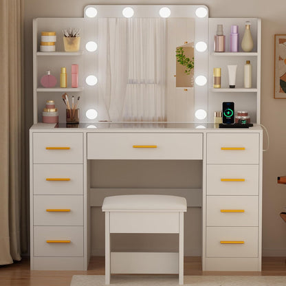 Makeup Vanity Desk with Mirror and Lights White Vanity Table with Glass Top Power Outlet Stool,Makeup Desk with 9 Drawers and 4 Storage Shelves,Dressing Table for Bedroom Women FST39W