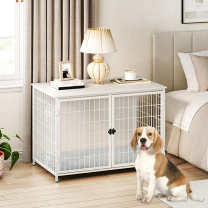 Dog Crate Furniture with Cushion, Wooden Dog Kennel with Double Doors, Heavy Duty Dog Cage for Small/Medium/Large Dogs, Indoor Dog House End Table, 31.5" L, White DCBW0701