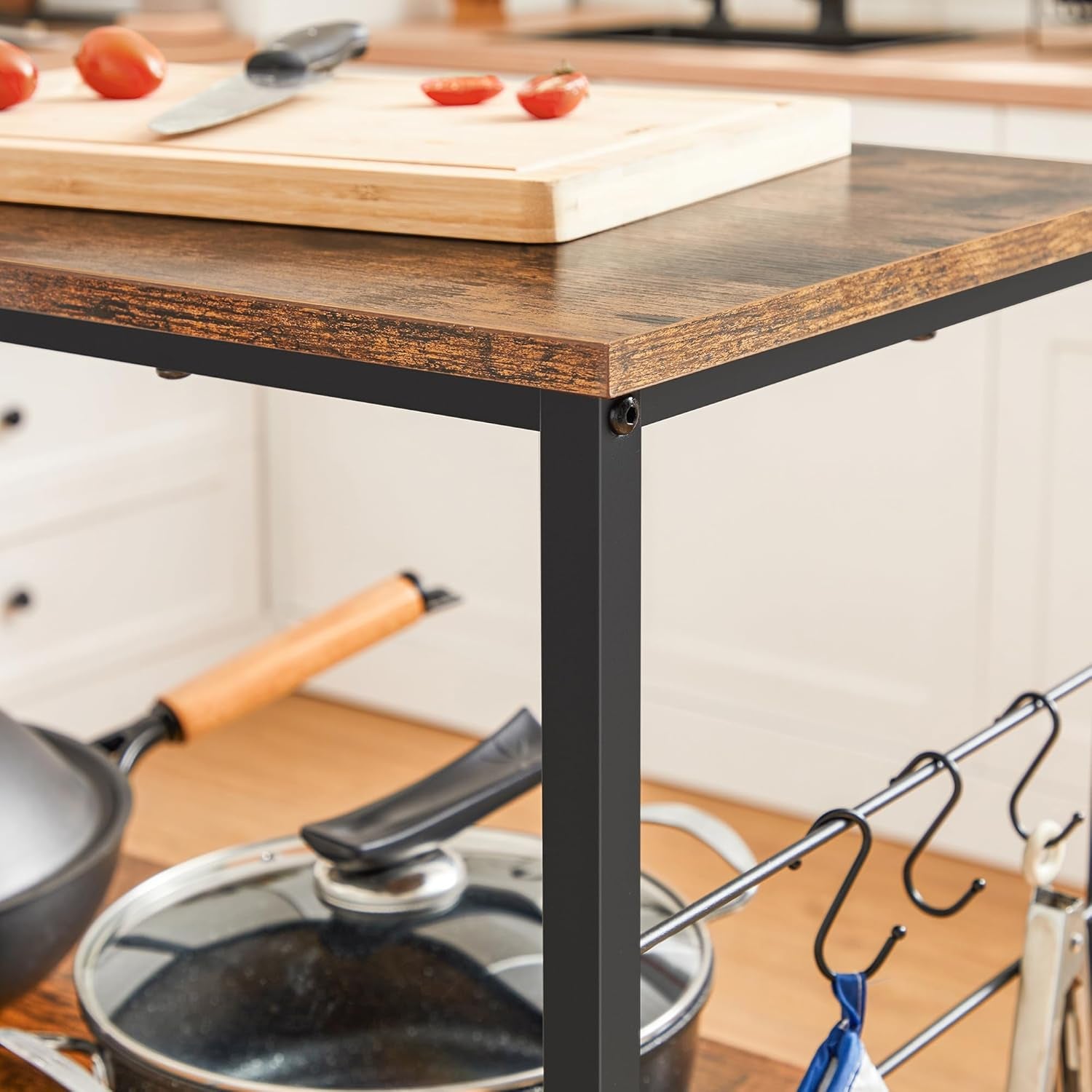 Bakers Rack, Kitchen Shelf, Kitchen Island, Microwave Oven Stand with 3 Open Shelves, 6 Hooks, Metal Frame, 15.7 X 31.5 X 35.4 Inches, Industrial, Rustic Brown and Black UKKI002B01