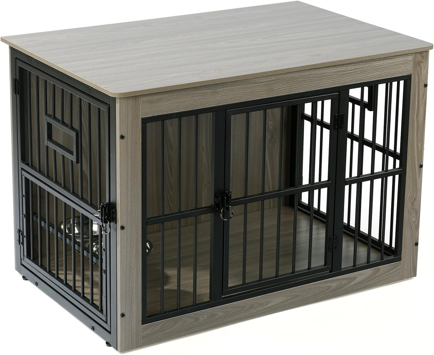 Dog Crate Furniture for Medium Dogs, 32.7 Inch Dog Kennel Indoor, Wooden Dog Cage End Table with 2 Removable Bowls, Heavy Duty Dog Crate, Rustic Grey