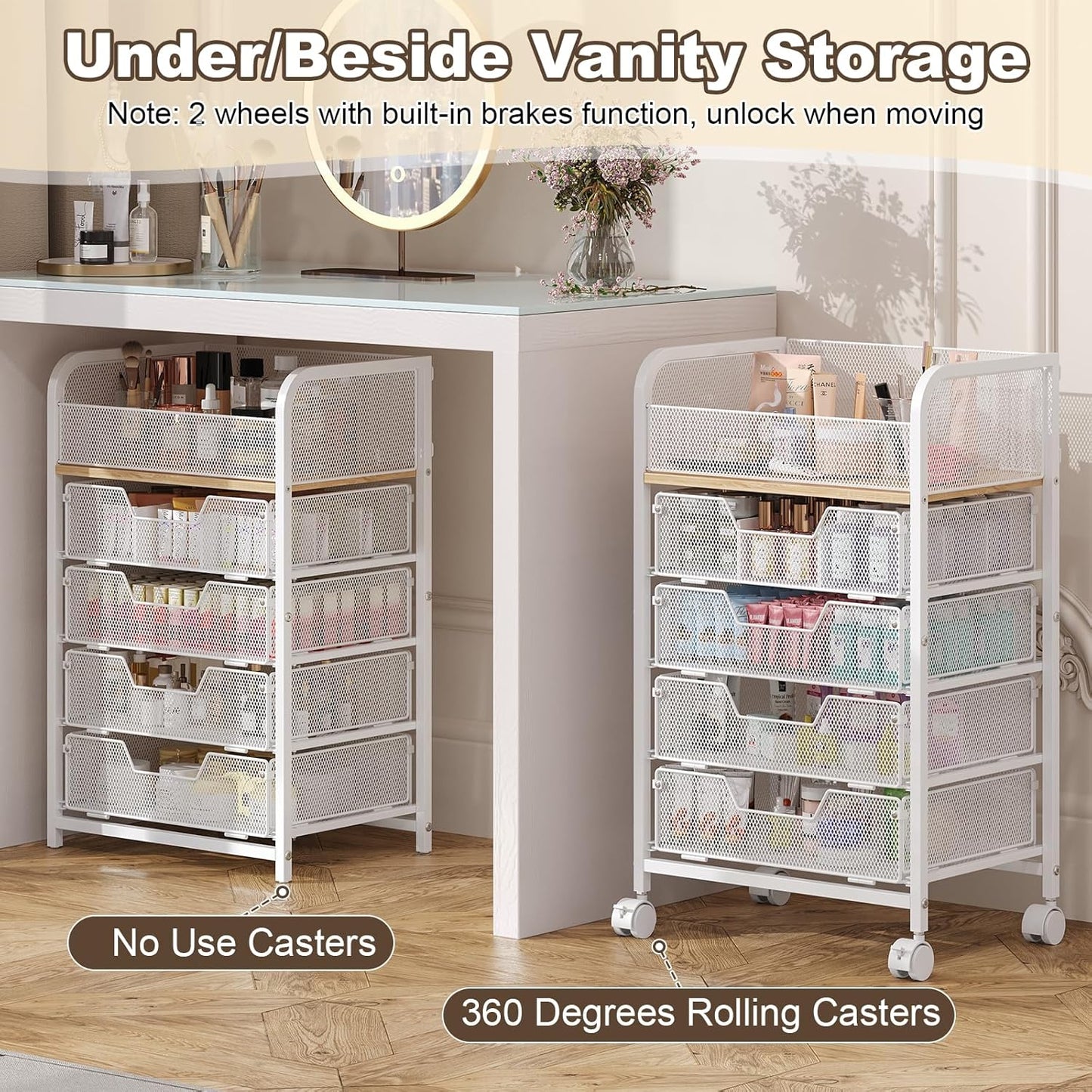 Makeup Cart Organizer with 4 Drawers, Large Floor Skincare Organizers, Vanity Storage Organizer Cosmetics Display Cases for Skin Care Perfume Nail Polish, White (Patent Pending)