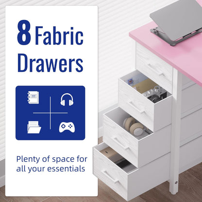 47 Inch Computer Desk with 8 Fabric Drawers PC Gaming Desk Home Office Study Work Writing Table for Bedroom White