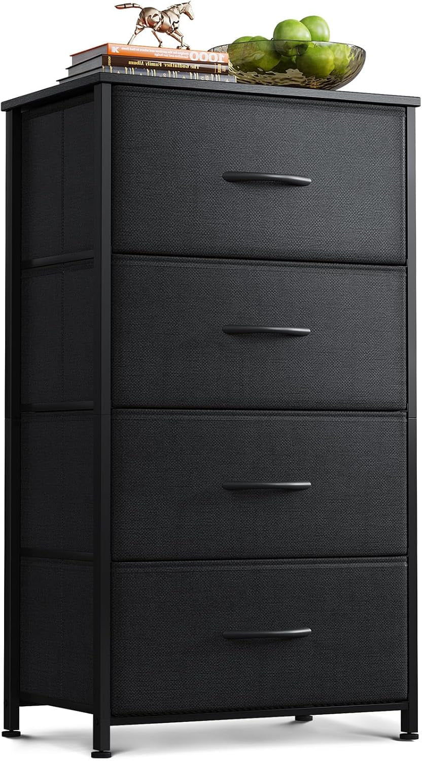 Dresser for Bedroom with 4 Storage Drawers, Small Dressers Chest of Drawers Fabric Dresser with Sturdy Steel Frame, Black