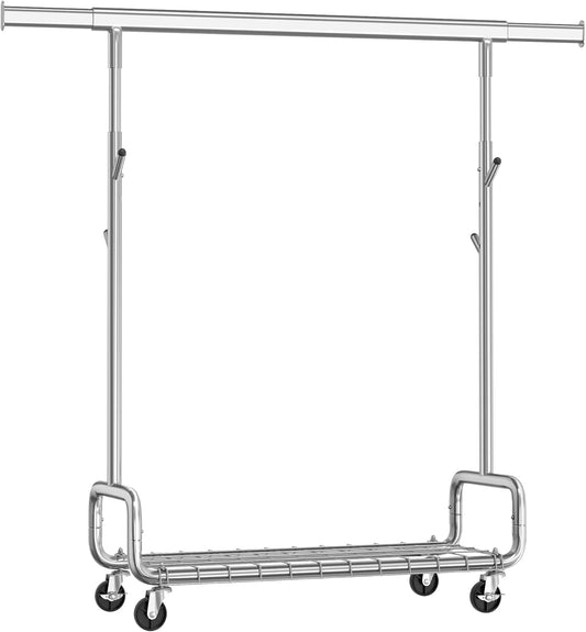 Clothes Rack, Heavy-Duty Rolling Clothing Garment Rack with Wheels, Extendable Hanging Rod and Adjustable Height, Portable, with Shelf and Hooks, Silver UHSR014E01