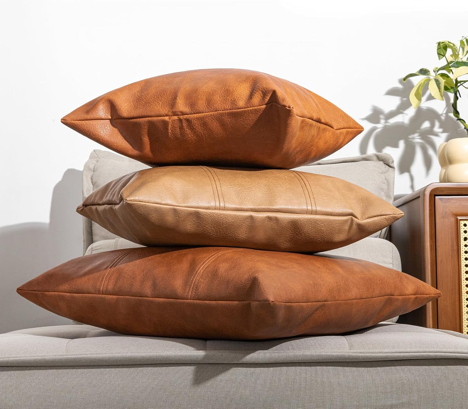 Faux Leather Throw Pillow Cover 18X18 Inch Set of 2 Brown Outdoor Modern Farmhouse Solid Decorative Pillow Covers for Room Couch Living Bedroom Bed Sofa