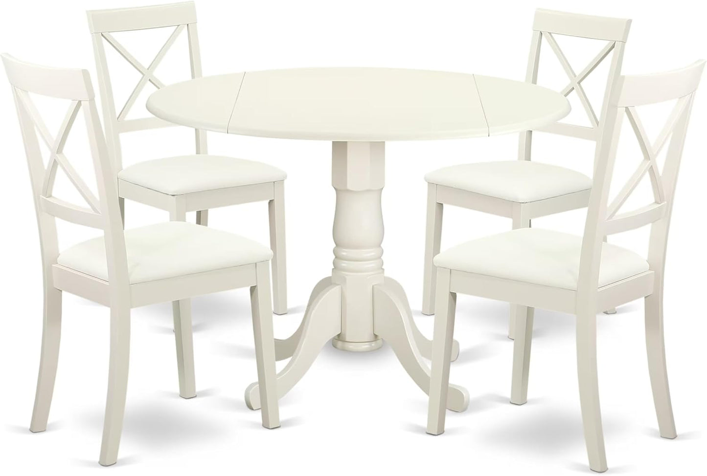 DLBO5-LWH-LC 5 Piece Dining Room Furniture Set Includes a round Kitchen Table with Dropleaf and 4 Faux Leather Upholstered Dining Chairs, 42X42 Inch, Linen White
