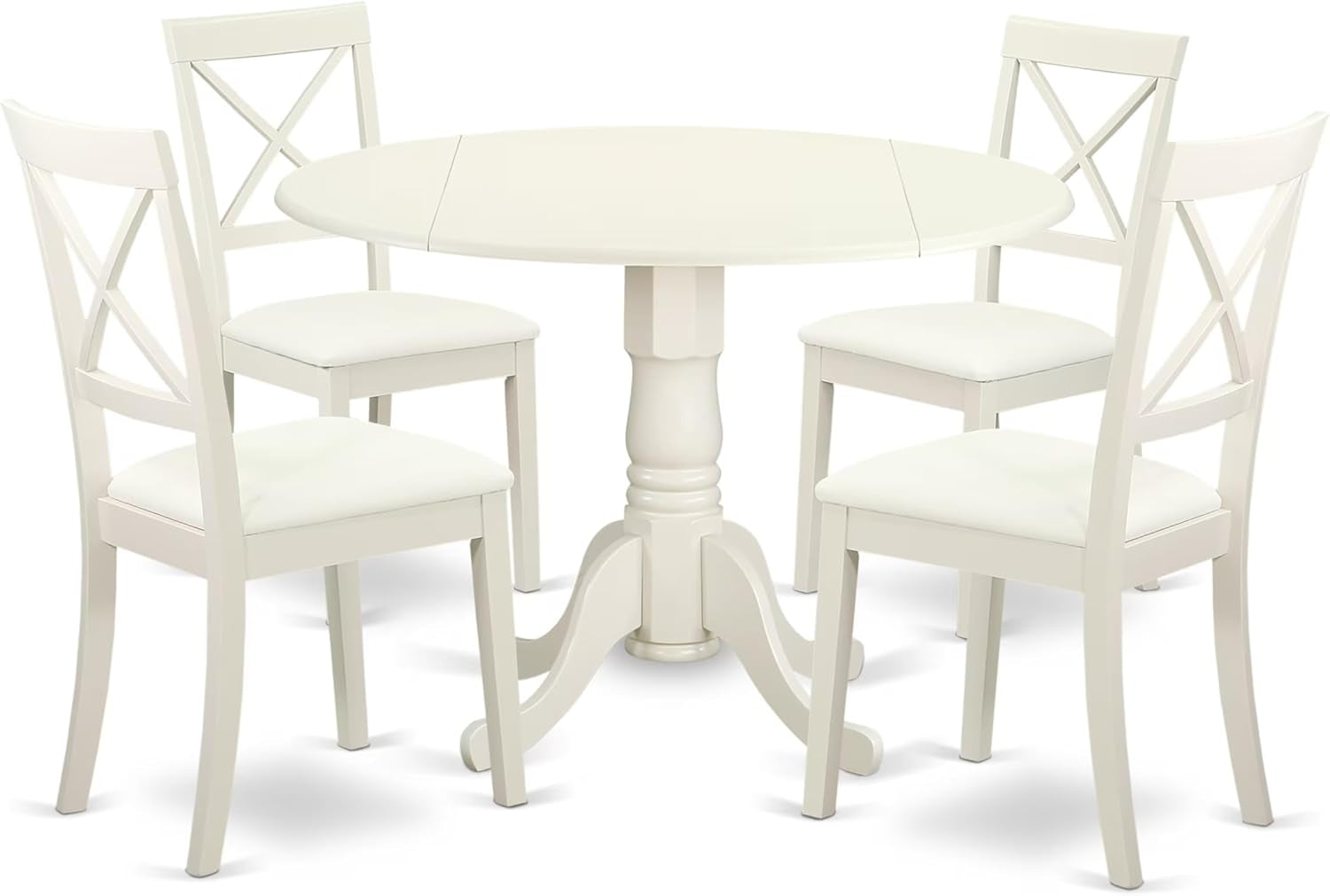 DLBO5-LWH-LC 5 Piece Dining Room Furniture Set Includes a round Kitchen Table with Dropleaf and 4 Faux Leather Upholstered Dining Chairs, 42X42 Inch, Linen White