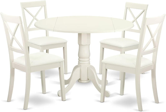 DLBO5-LWH-LC 5 Piece Dining Room Furniture Set Includes a round Kitchen Table with Dropleaf and 4 Faux Leather Upholstered Dining Chairs, 42X42 Inch, Linen White