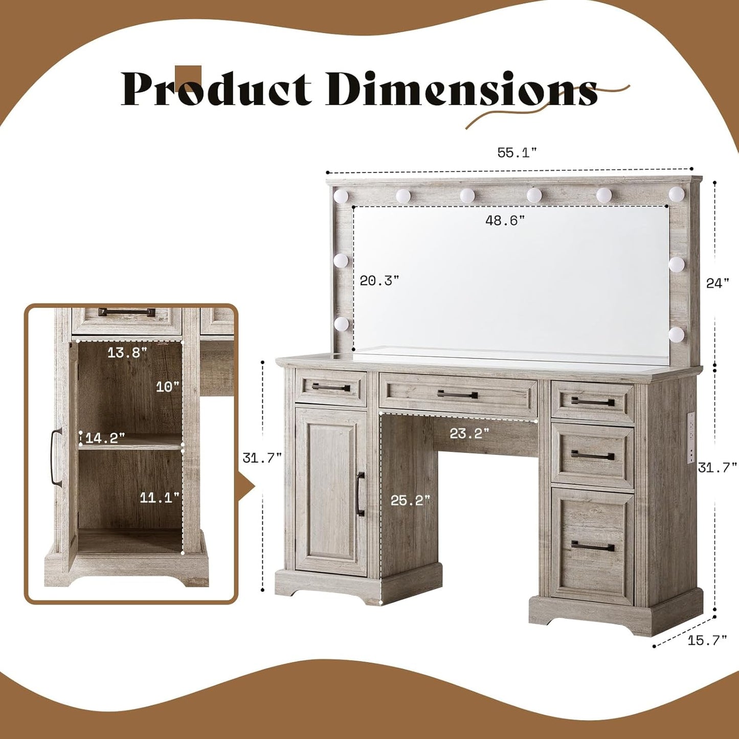 55" W Makeup Vanity with Hollywood Mirror, Glass Top Vanity with 5 Drawers & Charging Station, 10 Detachable Light Bulbs, Adjustable Brightness, Light Oak