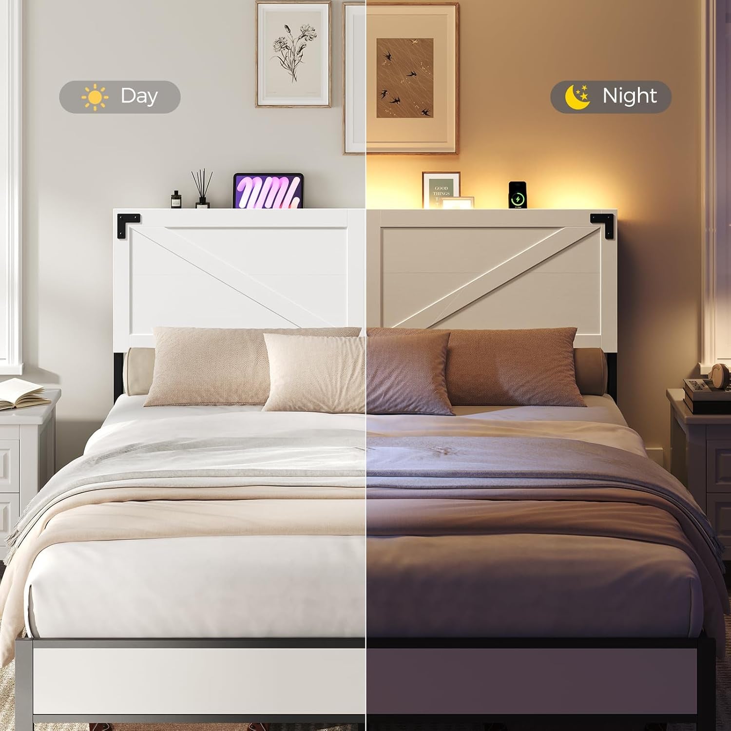 Queen Size Headboard Only, Headboard with 2 Outlets and 2 USB Ports, Farmhouse Headboard, with LED Lights, Secure Storage with Raised Fence, with Bed Frame Adapter, White and Black