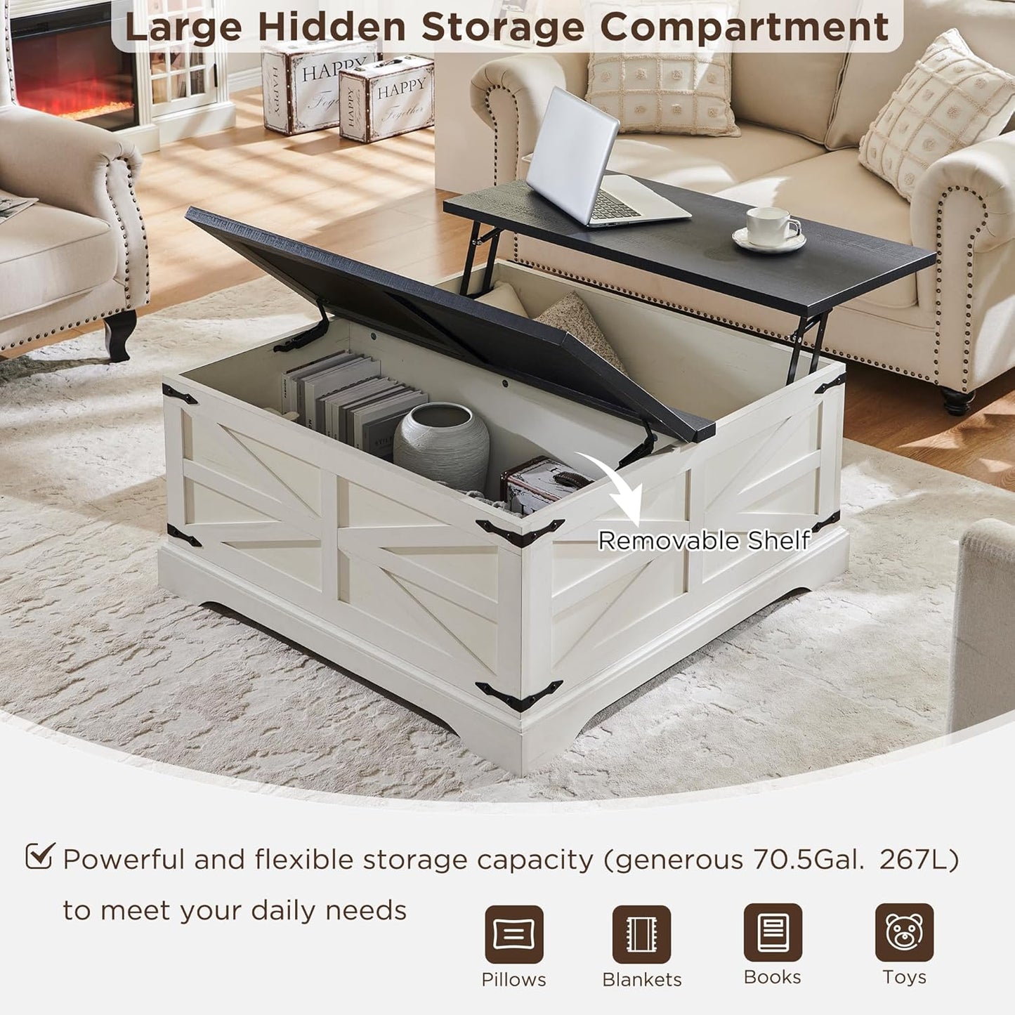 3-Piece Farmhouse Living Room Table Sets, Includeds 36" Lift Top Square Coffee Table W/Large Storage & 2 Rustic Wood End Tables W/Charging Station & Barn Doors (White)